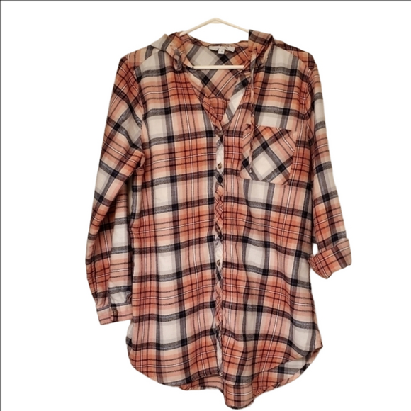 Mystyle Tops - mySTYLE Plaid Button Down Shirt Oversized Hood Flannel-like Long Sleeves Pink Lg